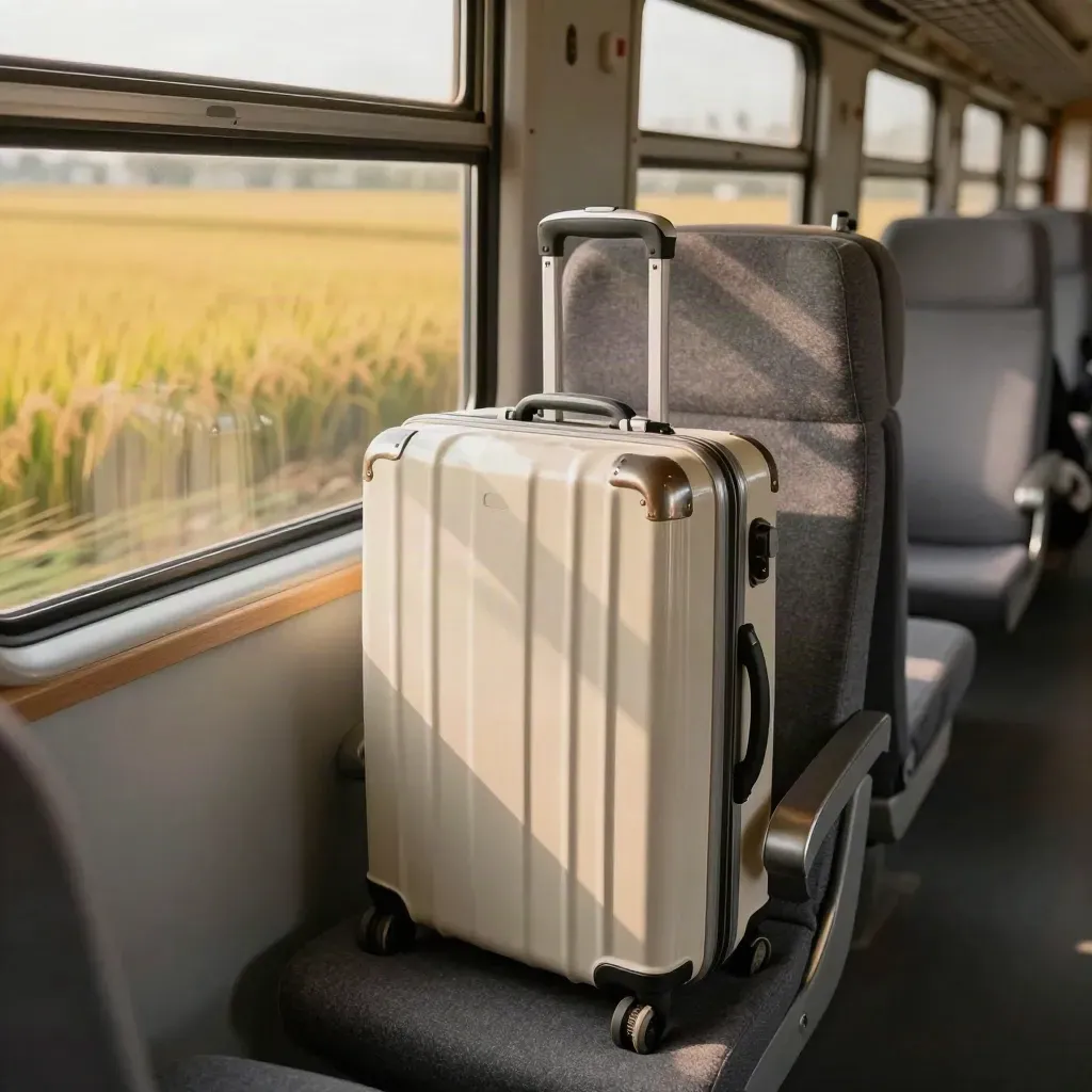 Treinbank met twee koffers bij een raam, met rijstvelden buiten in zacht namiddaglicht.