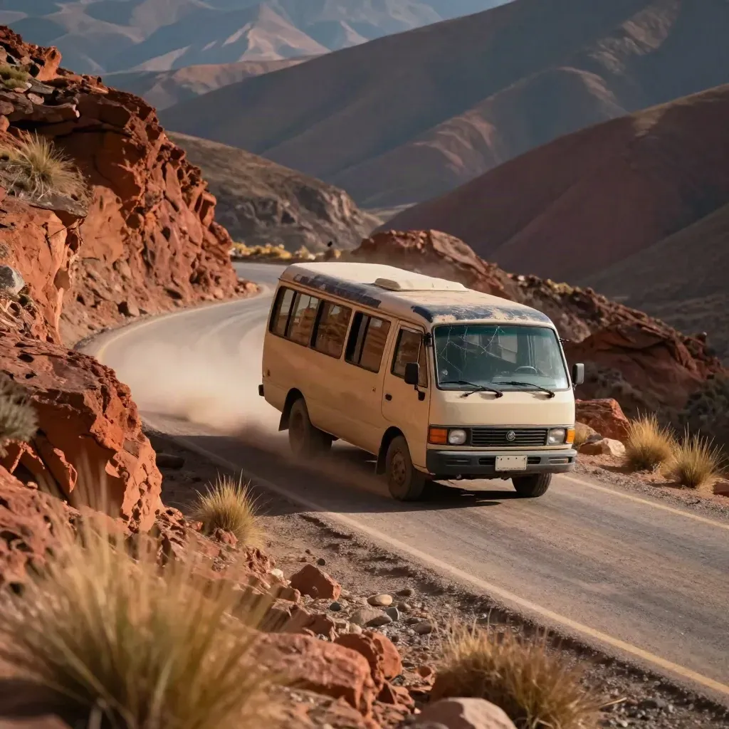 Afgetrapte minibus klimt door een stoffige haarspeldbocht langs rood gesteente in Peru.