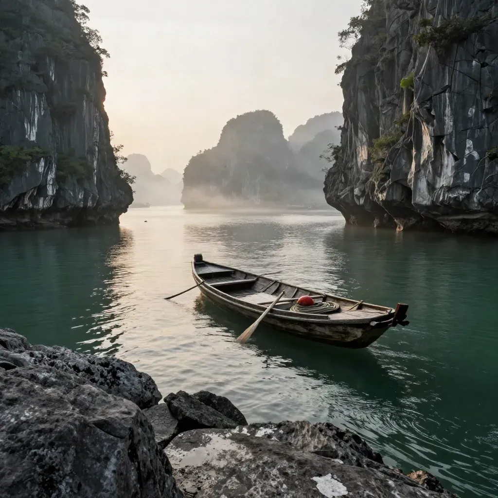 Kleine houten sampan in mistige Ha Long-baai tussen kalkstenen rotsen bij zonsopkomst.