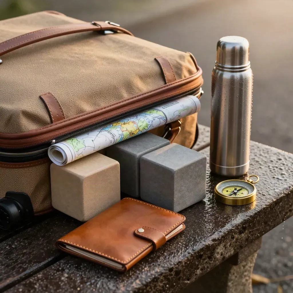 Reisgear in een half geopende carry-on met kaart, thermos en kompas in zachte ochtendmist.