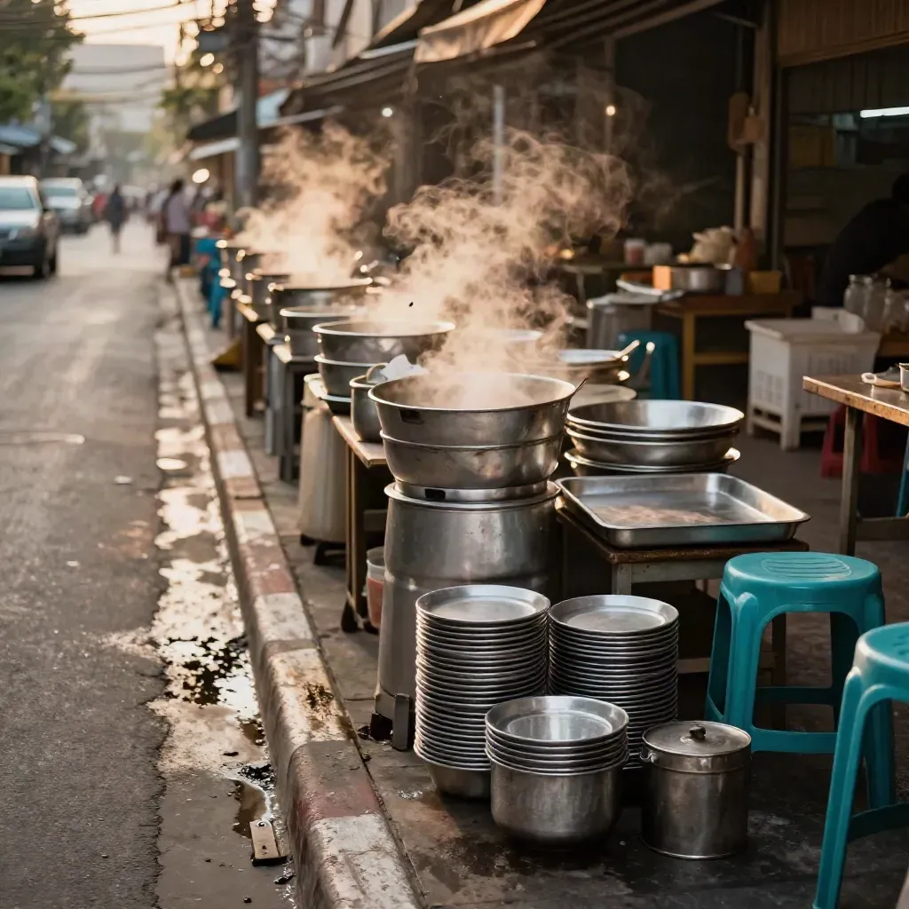 Dampende straatkraam in Bangkok met kommen, borden en krukjes in warm avondlicht.