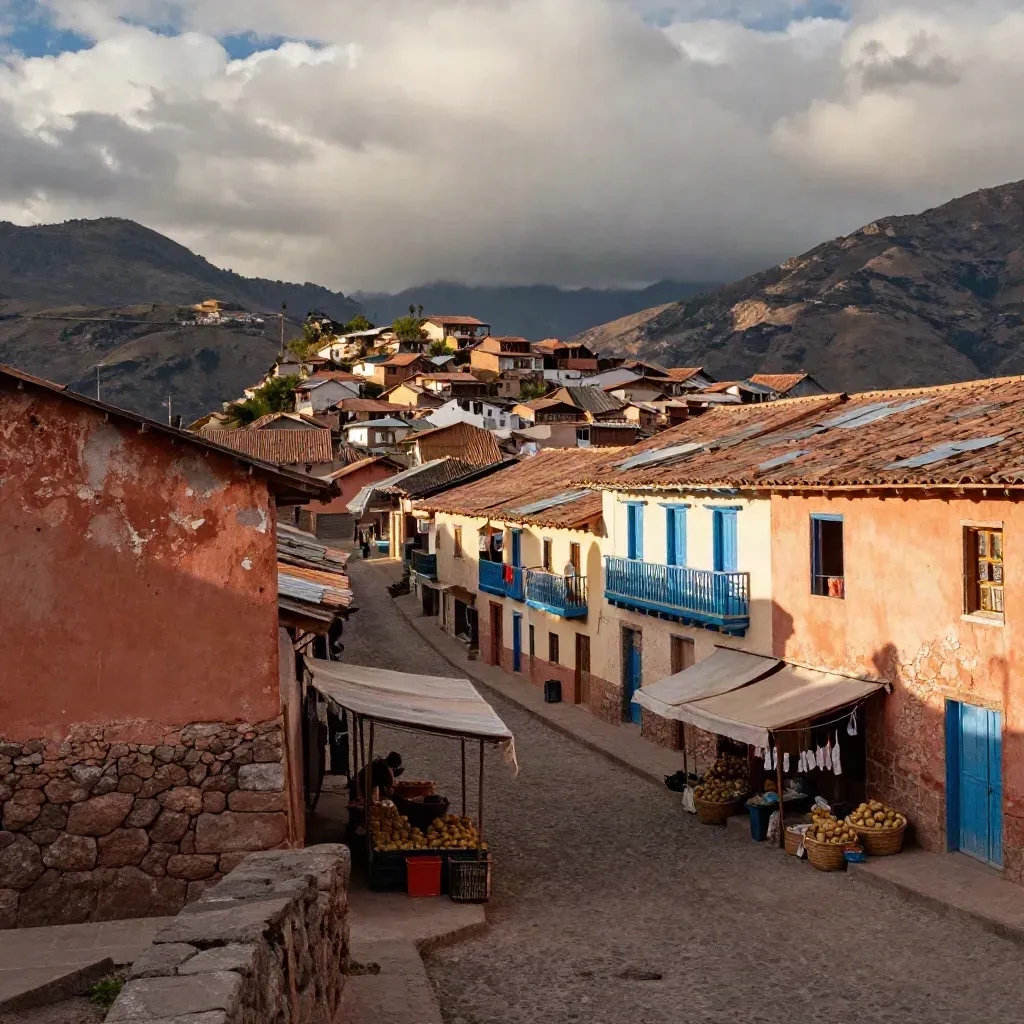 Peruaans bergdorp met gekleurde gevels, steile straat en markt onder openbrekende wolken