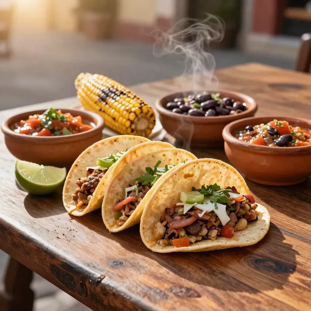 Dampende taco’s, limoen en gegrilde maïs op een lunchtafel in Mexico-Stad.