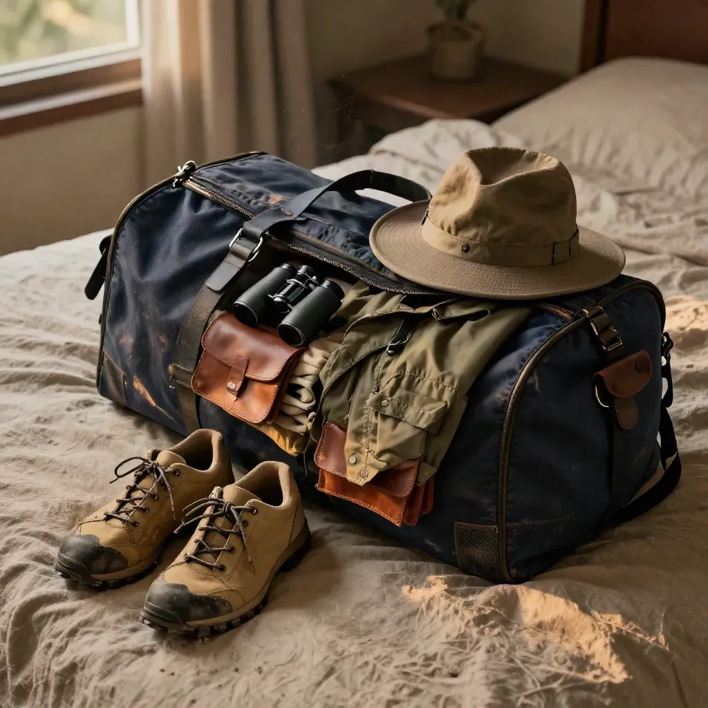 Open safari-duffel op een bed in Kenia met schoenen, regenjas, hoed en verrekijkerhoes in stof en avondlicht.