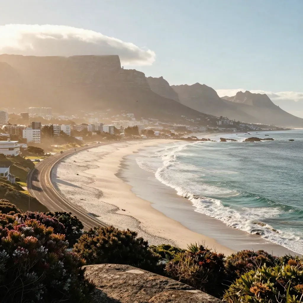 Kaapstad aan de kust met Tafelberg, strandweg en opslaande zee in ochtendmist.