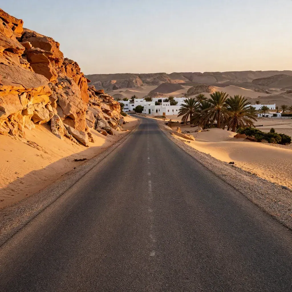 Asfaltweg in Oman langs oranje rotsen, wit dorp en palmen in warm avondlicht.