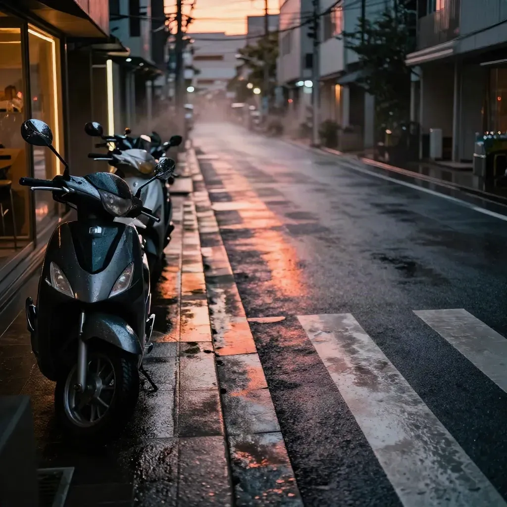 Tokiose zijstraat met nat asfalt, scooters en neonreflecties na zonsondergang.