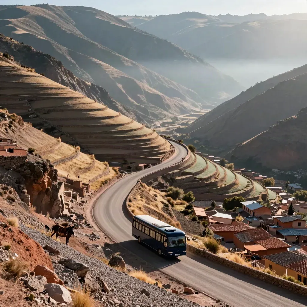 Steile bergweg van Cusco naar de Andes met adobe dorpen, terrassen en een kleine bus in ochtendlicht.