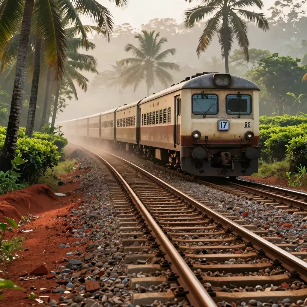 Trein op tropische spoorlijn tussen palmen, rode aarde en theevelden in warme mist.