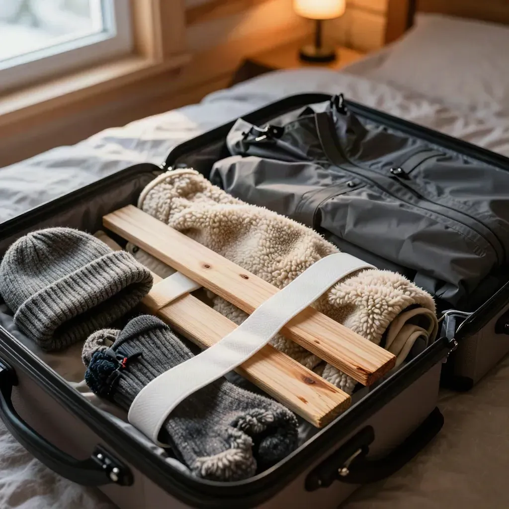 Open koffer op bed met fleece, regenjas, muts, handschoenen en wandelsokken in koel raamlicht.
