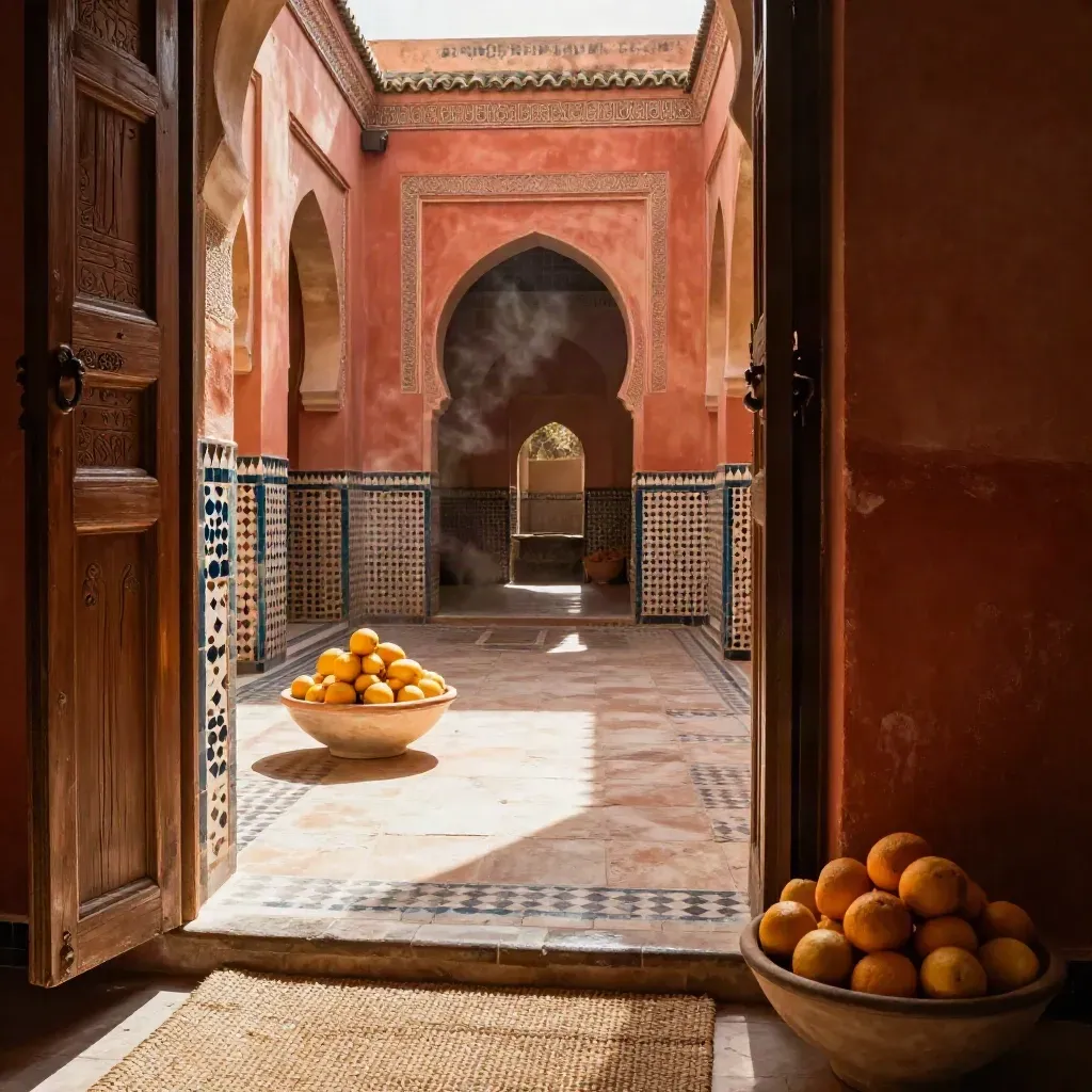 Riad-patio in Marrakesh met rode muren, bogen, tegels en een schaal citrus in stroken middaglicht.