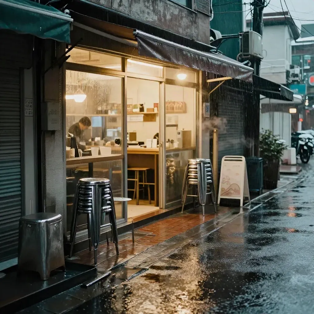 Natte Seoul-straat met koffiebars, steegjes en regenreflecties na een bui.