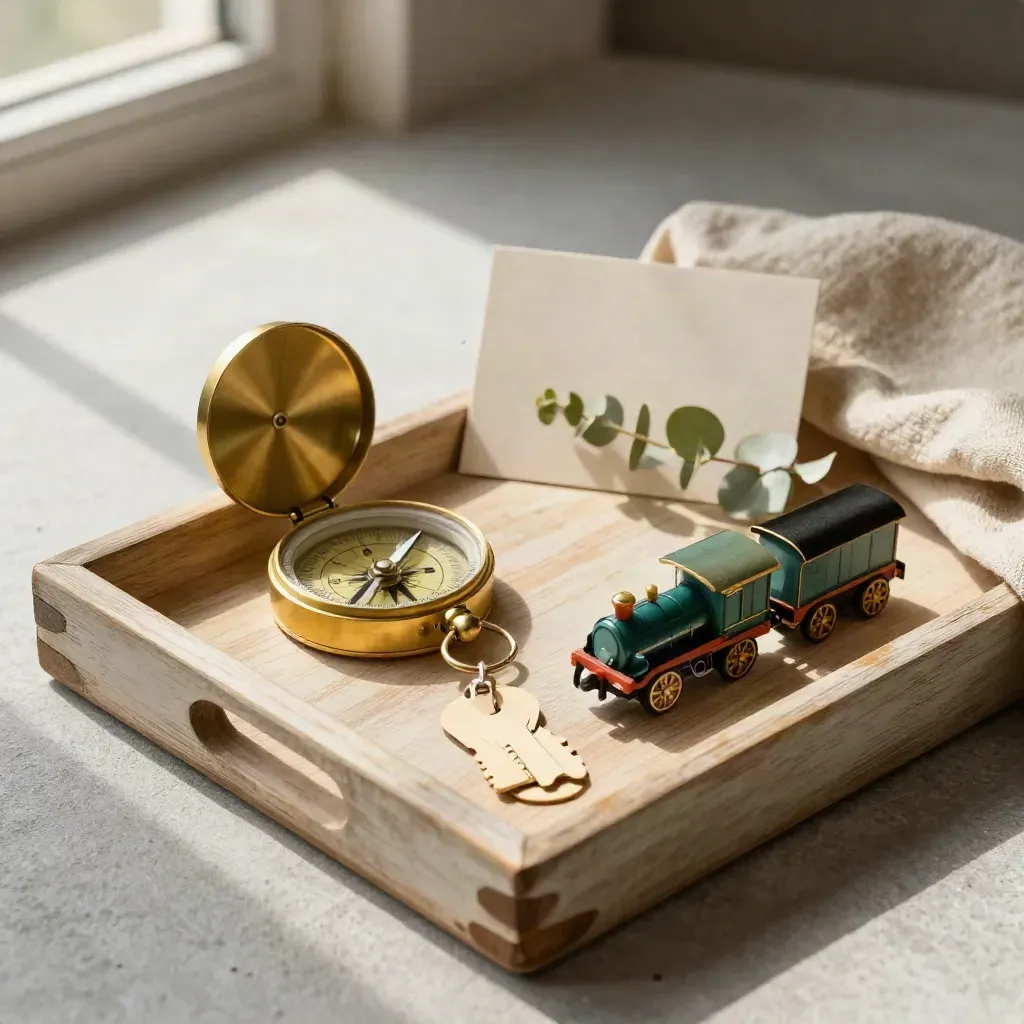 Messing kompas, modeltrein en eucalyptus op een houten dienblad met zachte raamglans.