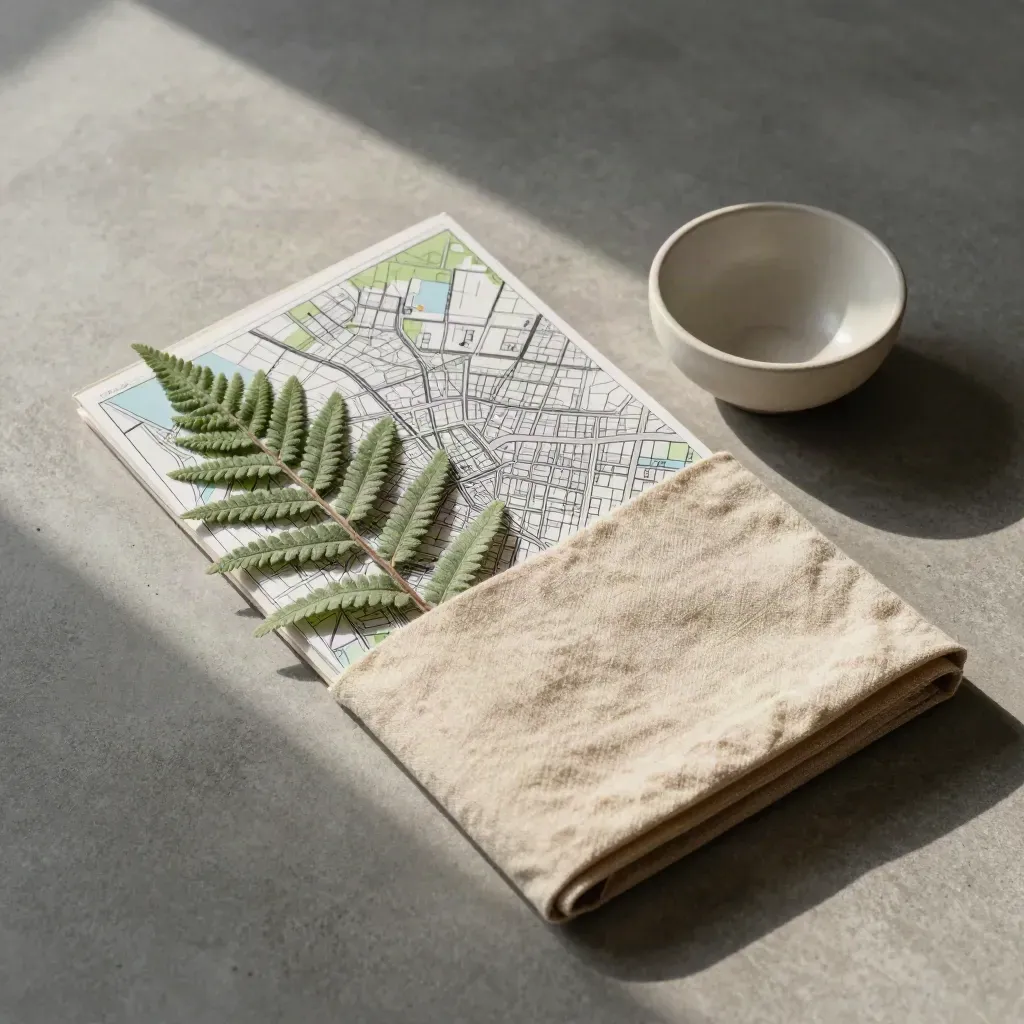 Platgelegde stadskaart, linnen map, varen, keramische schaal en zandkleurige doek op beton.