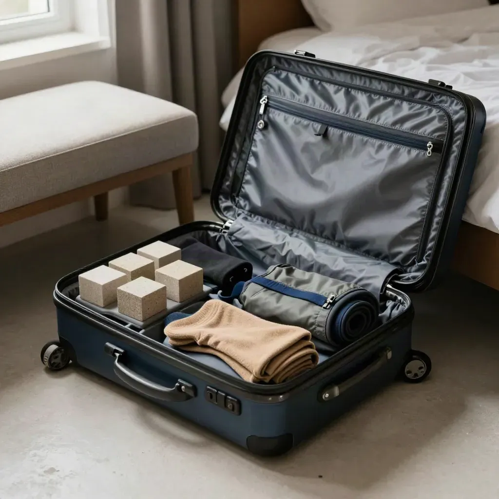 Half ingepakte koffer met packing cubes, sokrollen en regenjas in zacht raamlicht